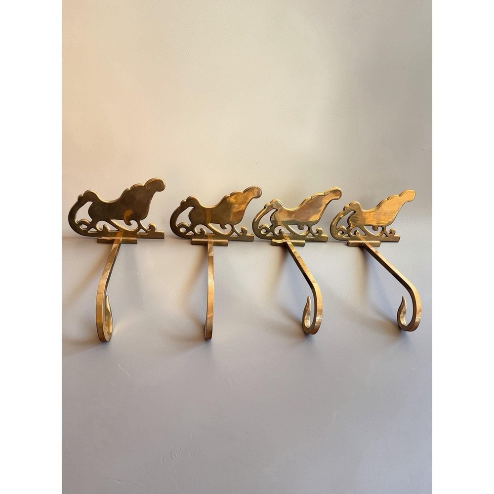 Set 4 Brass Christmas Stocking Hangers Hook SLEIGH Long Arm Vintage Heavy LG‎